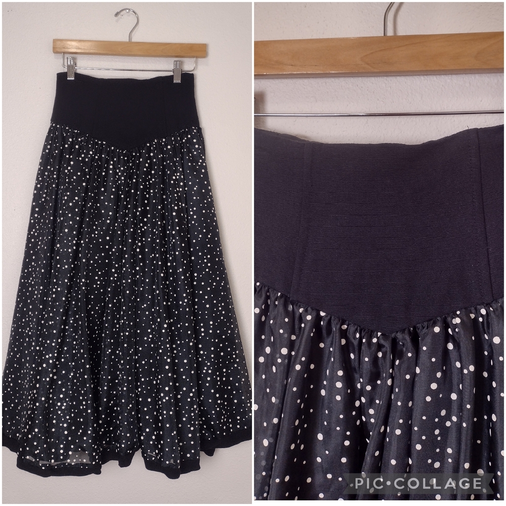 Vintage Antonia 25" Waist Black White Polka Dot Corset Waist A-Line Midi Skirt